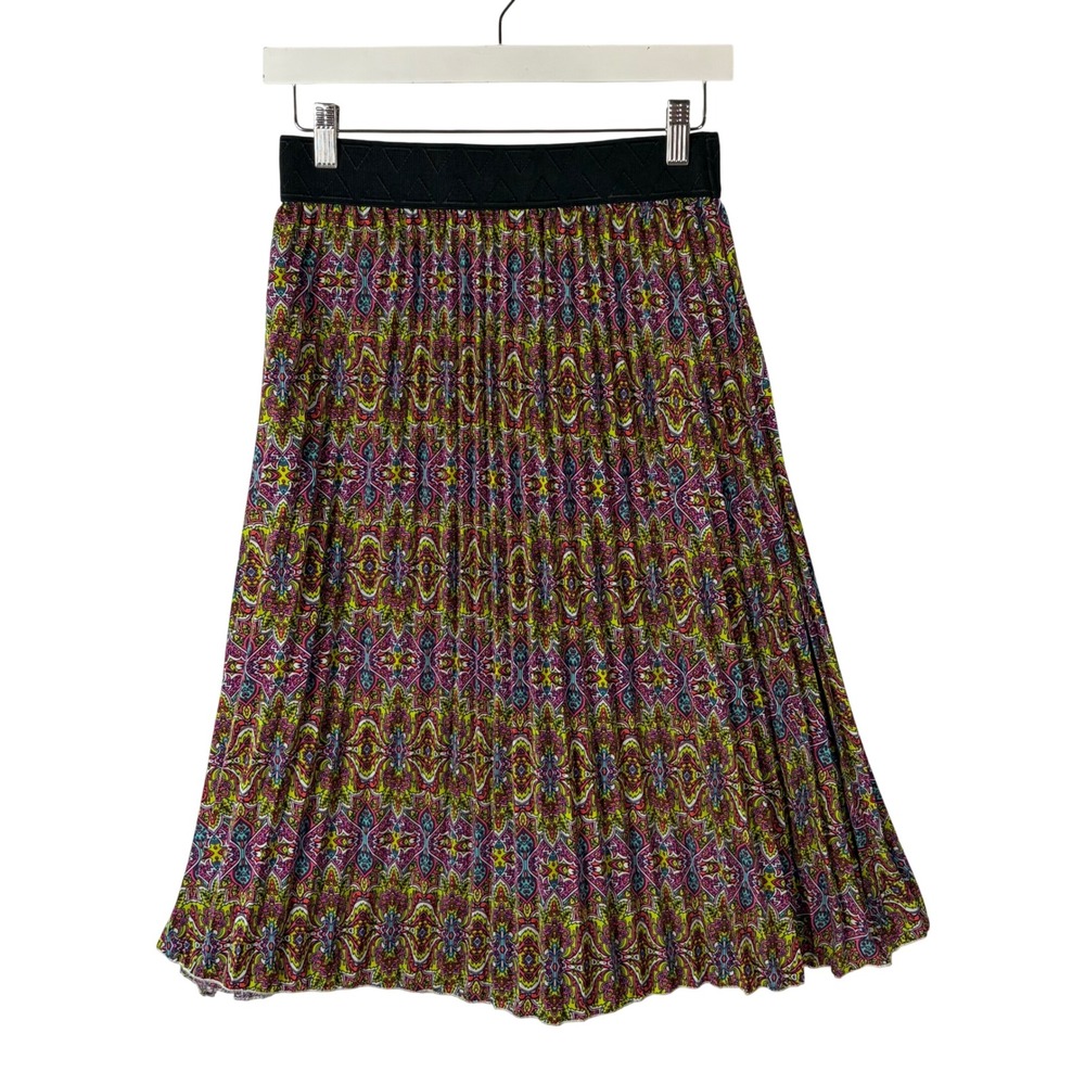 LuLaRoe Pleated Midi Skirt Small Multi Color Paisley Geometric Elastic Waist